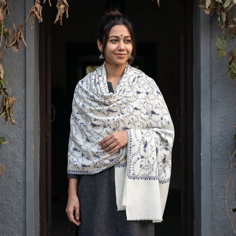 White Kashmiri Sozni Heavy Hand Embroidered Pure Handwoven Merino Wool Shawl, worn by a model, AI visual of the shawl, iTokri
