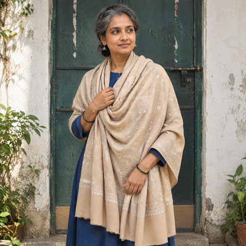 Beige Kashmiri Sozni Heavy Hand Embroidered Pure Handwoven Merino Wool Shawl, worn by a model, AI visual of the shawl, iTokri