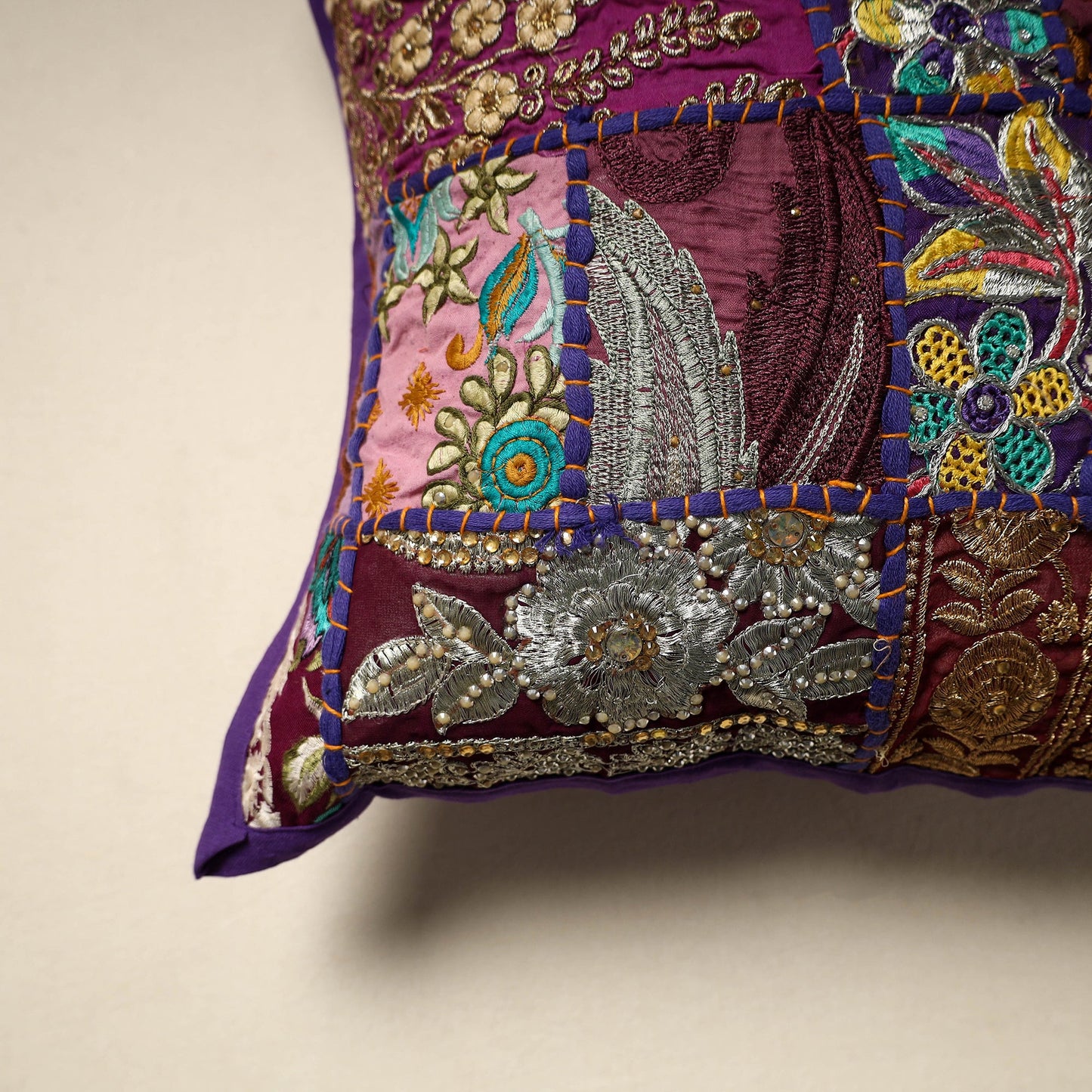 Khambadiya patchwork hand embroidery cushion cover (16 x 16