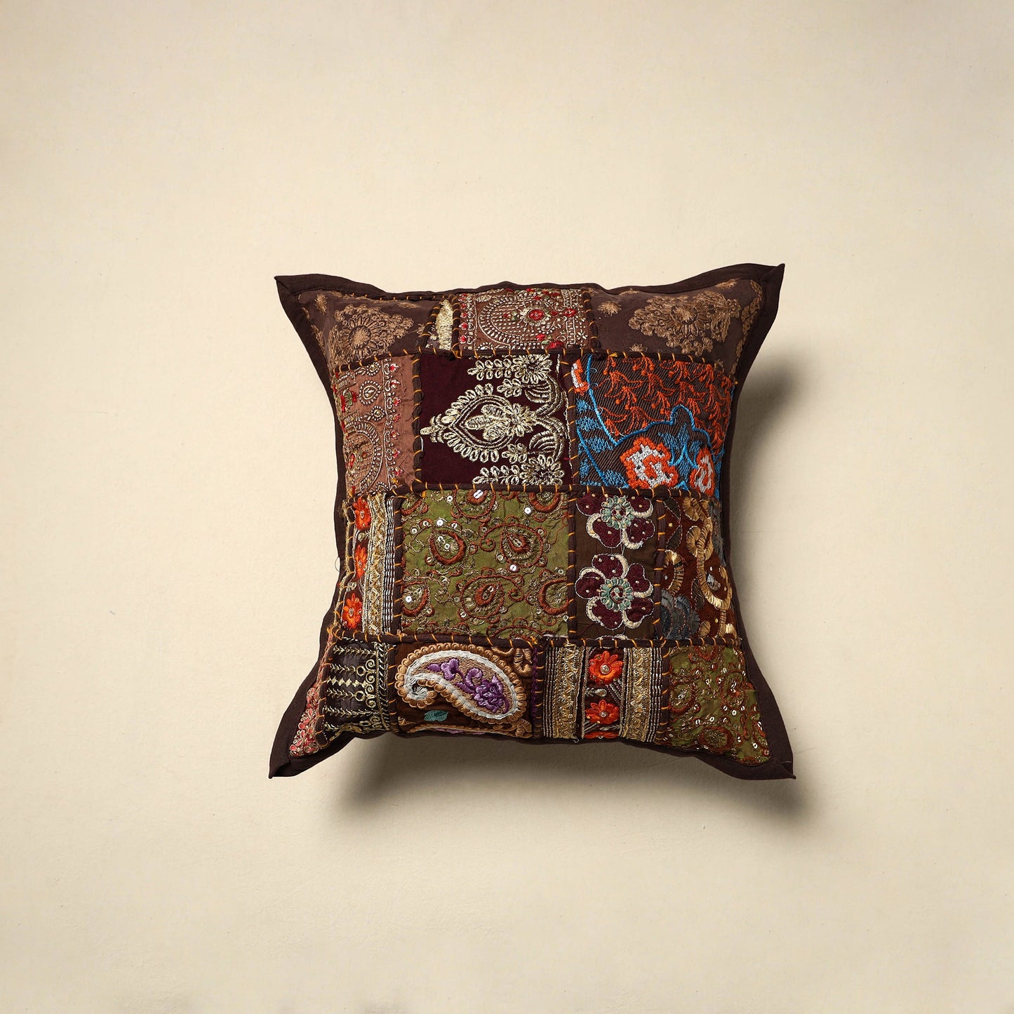 Khambadiya patchwork hand embroidery cushion cover (16 x 16