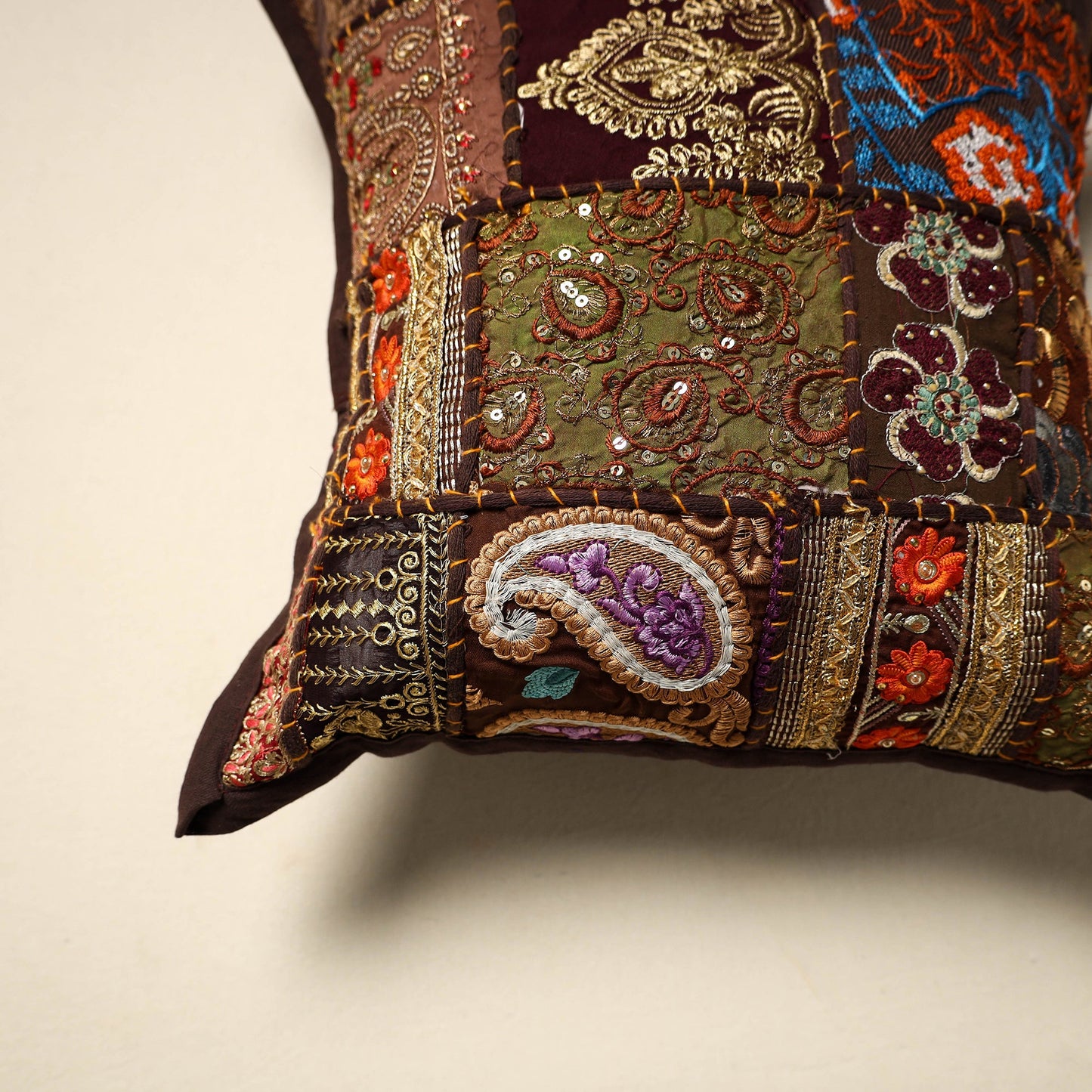 Khambadiya patchwork hand embroidery cushion cover (16 x 16