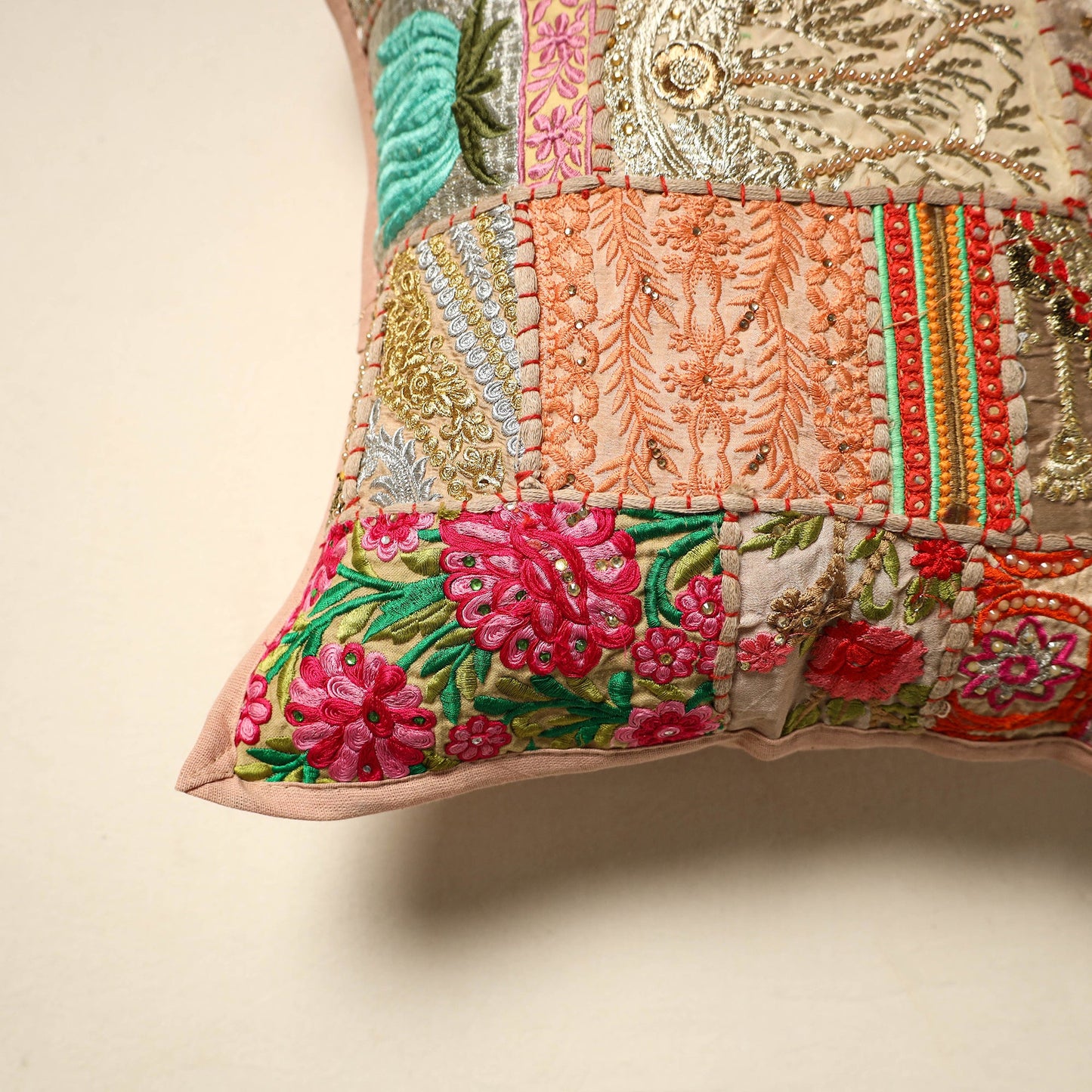 Khambadiya patchwork hand embroidery cushion cover (16 x 16