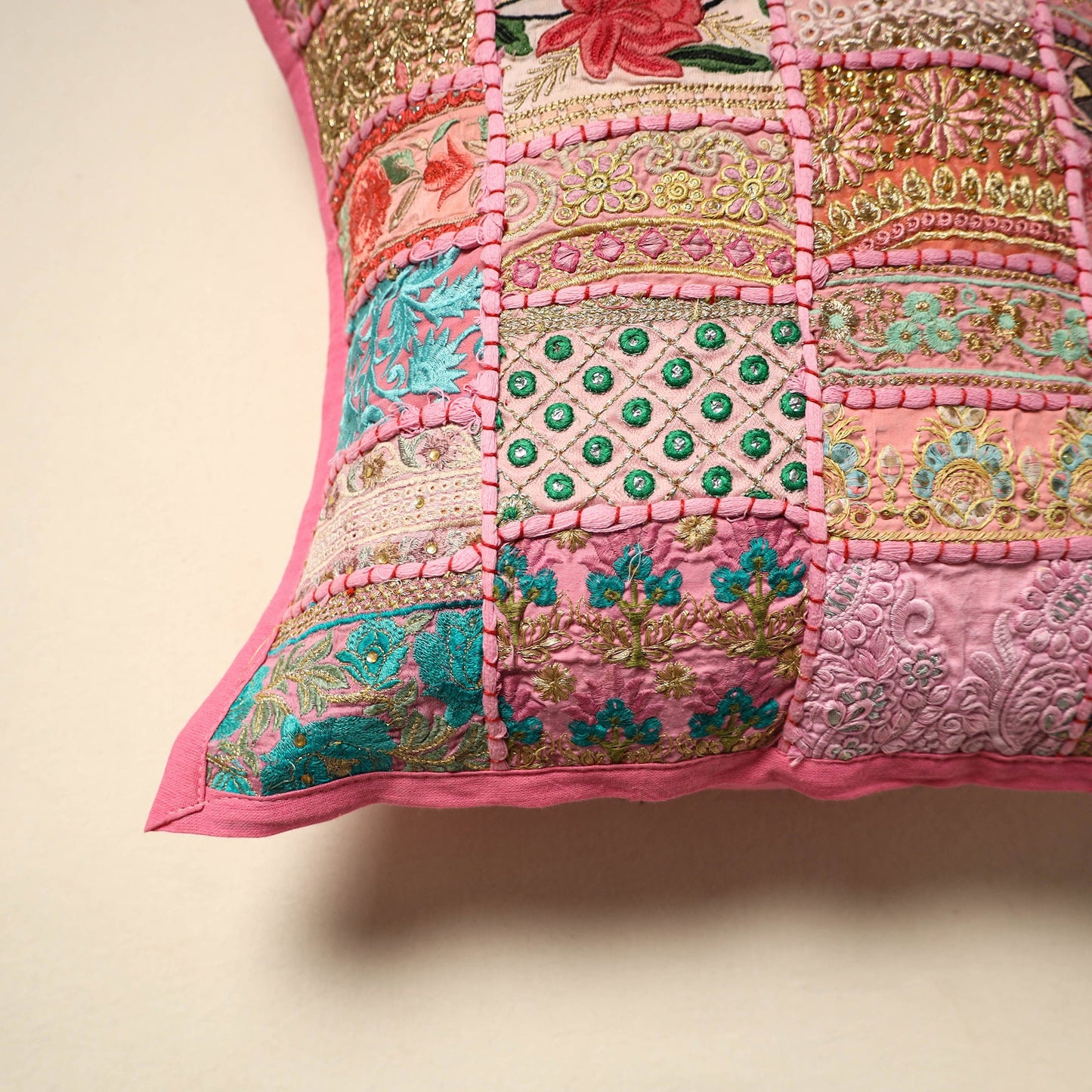 Khambadiya patchwork hand embroidery cushion cover (16 x 16