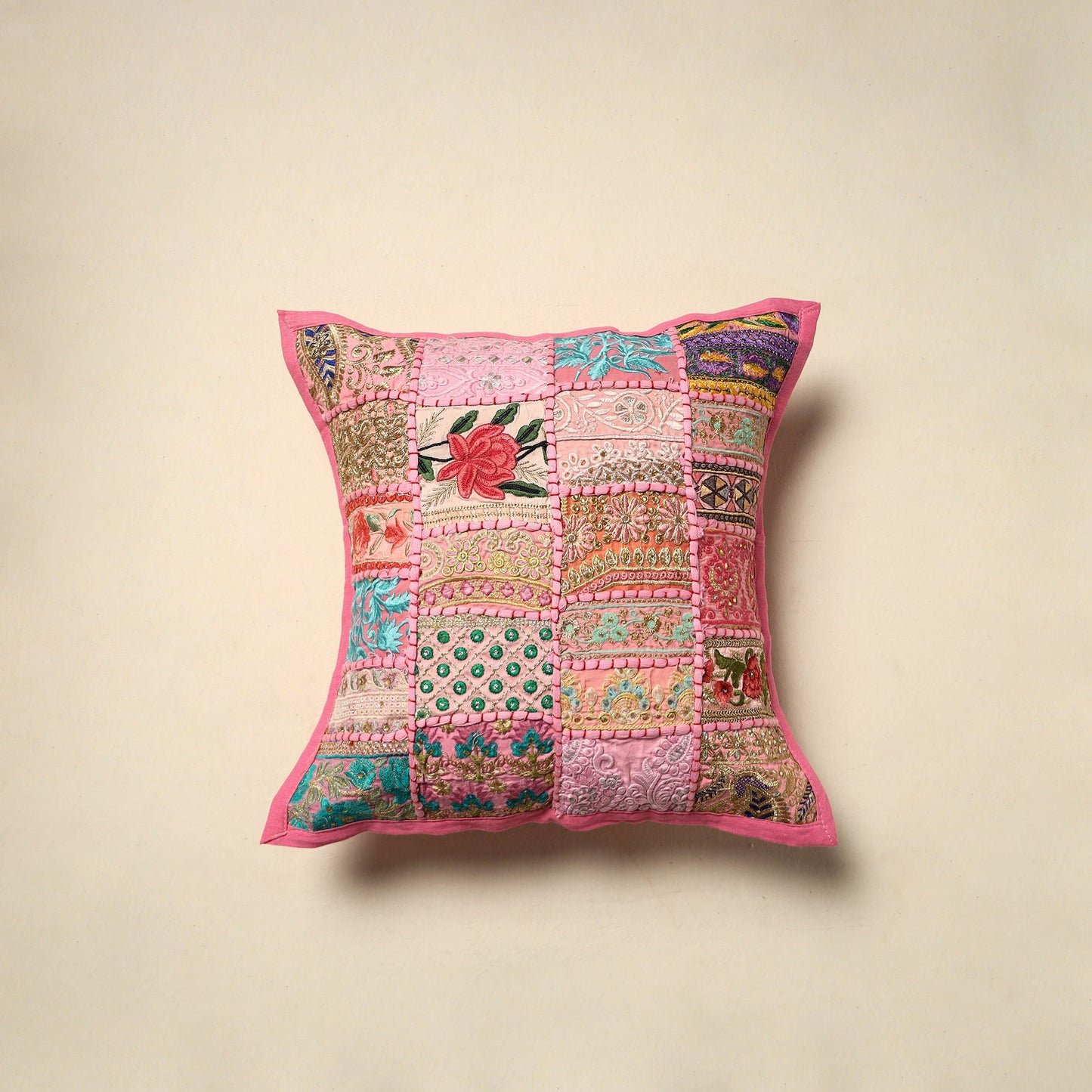 Khambadiya patchwork hand embroidery cushion cover (16 x 16
