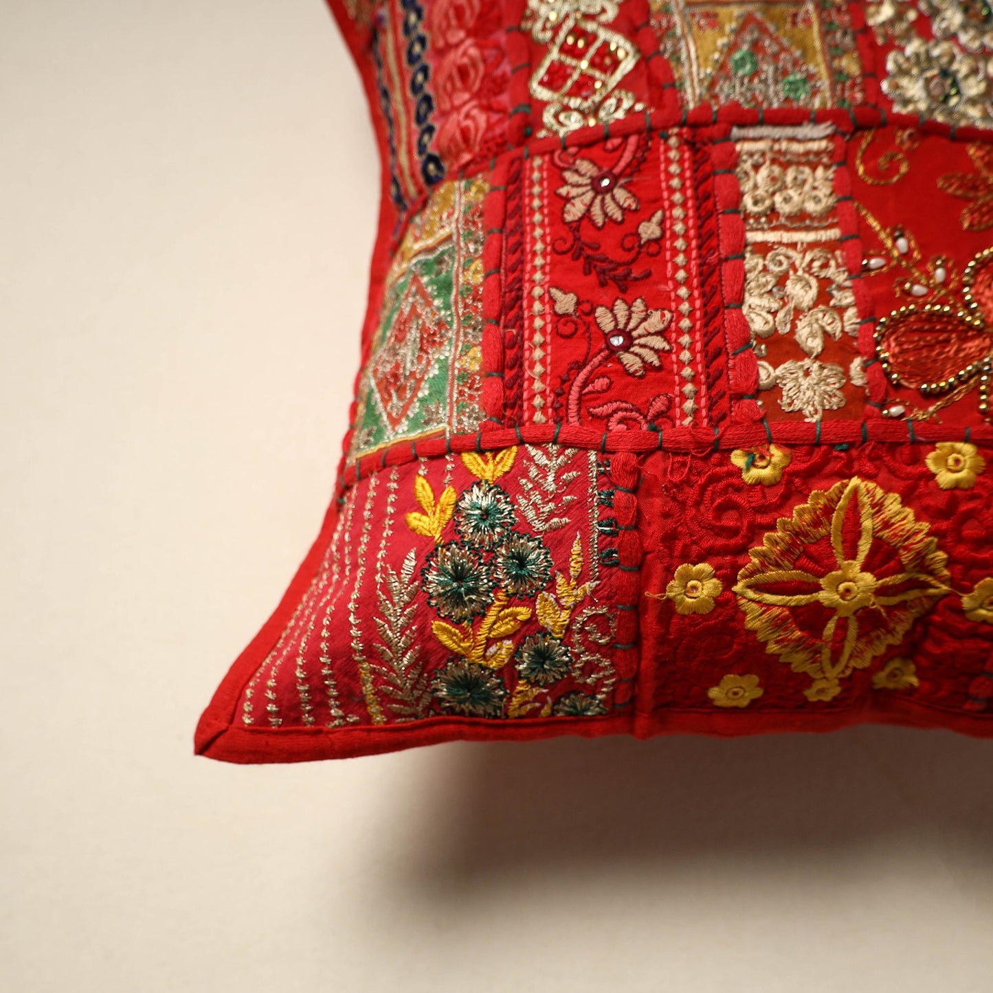Khambadiya patchwork hand embroidery cushion cover (16 x 16