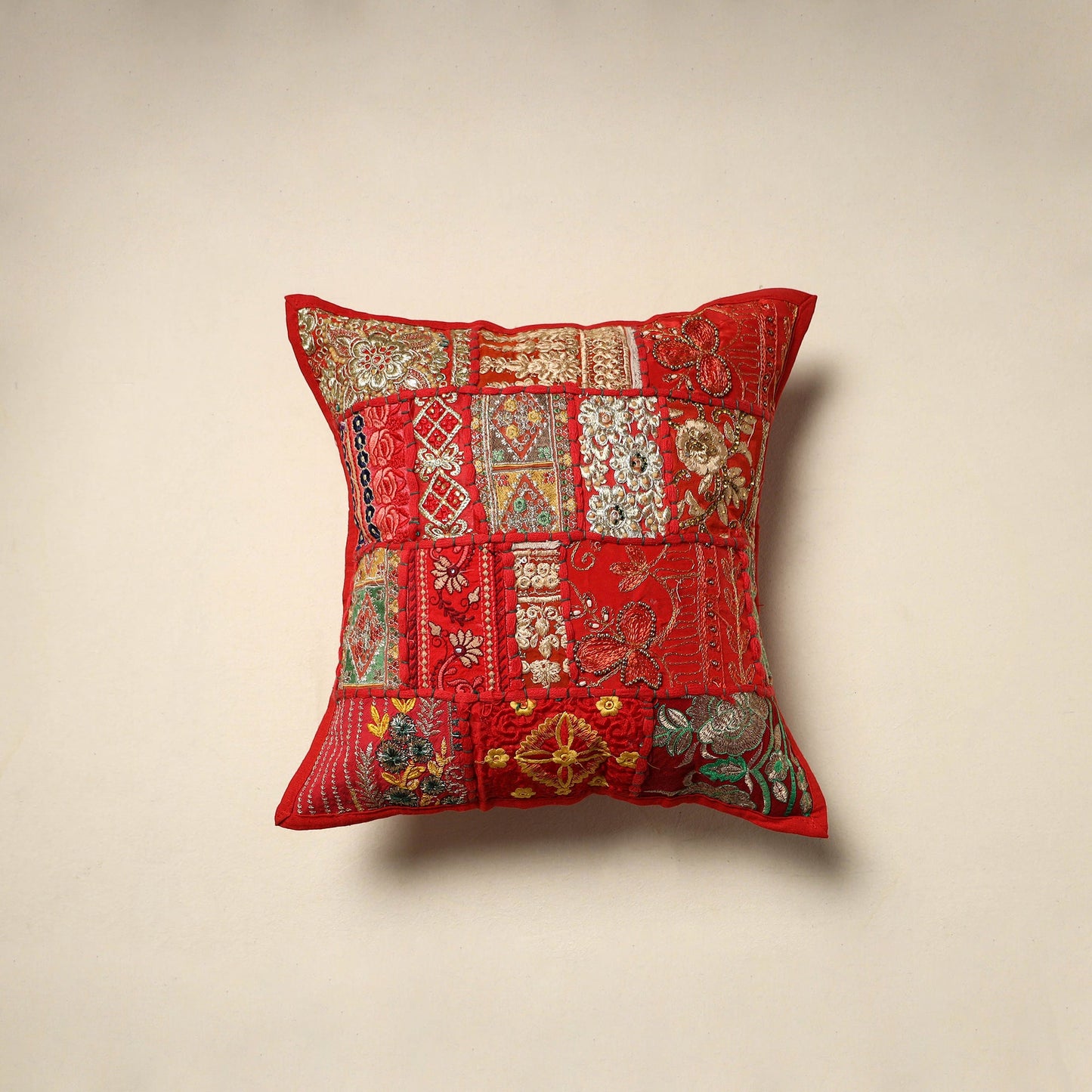 Khambadiya patchwork hand embroidery cushion cover (16 x 16