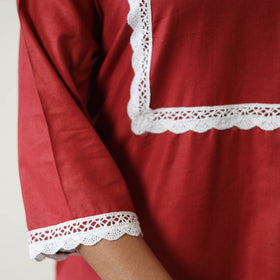 Buy Kiara Maroon Linen Cotton Plain Kurta with Lace Work