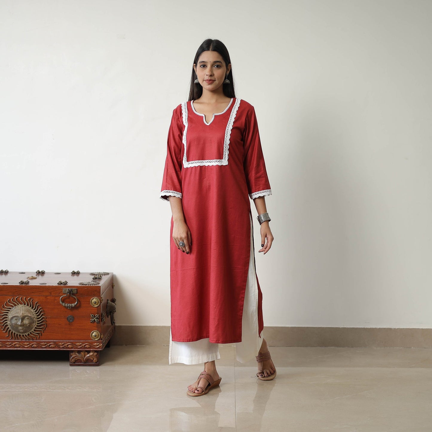 Buy Kiara Maroon Linen Cotton Plain Kurta with Lace Work