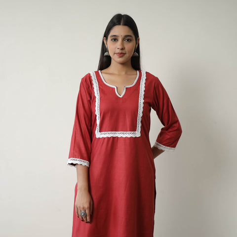 Buy Kiara Maroon Linen Cotton Plain Kurta with Lace Work