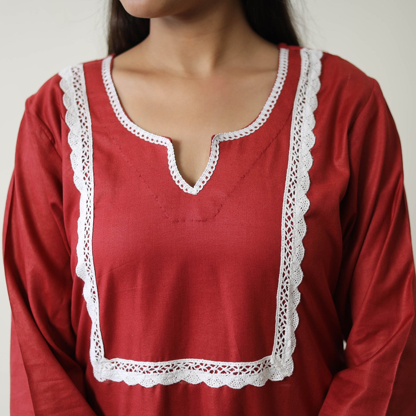 Buy Kiara Maroon Linen Cotton Plain Kurta with Lace Work