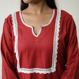 Buy Kiara Maroon Linen Cotton Plain Kurta with Lace Work