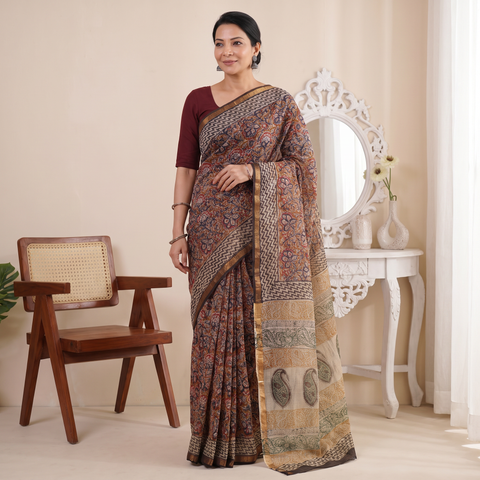 Brown Kota Doria Cotton Block Print Bagru Saree, draped and worn by a woman, AI visual of the saree, iTokri