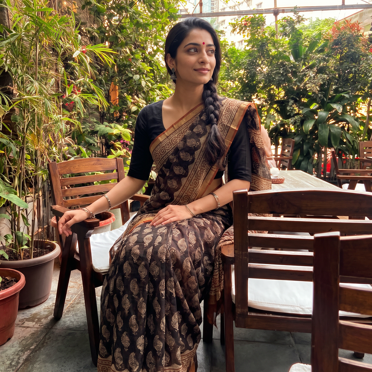 Black Kota Doria Cotton Block Print Bagru Saree, draped and worn by a woman, AI visual of the saree, iTokri