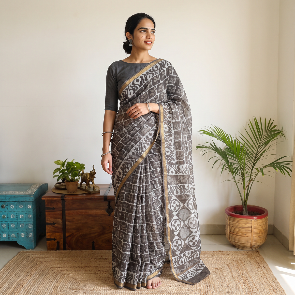 Brown Kota Doria Cotton Block Print Bagru Saree with Zari Border, draped and worn by a woman, AI visual of the saree, iTokri