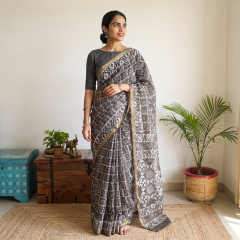 Brown Kota Doria Cotton Block Print Bagru Saree with Zari Border, draped and worn by a woman, AI visual of the saree, iTokri
