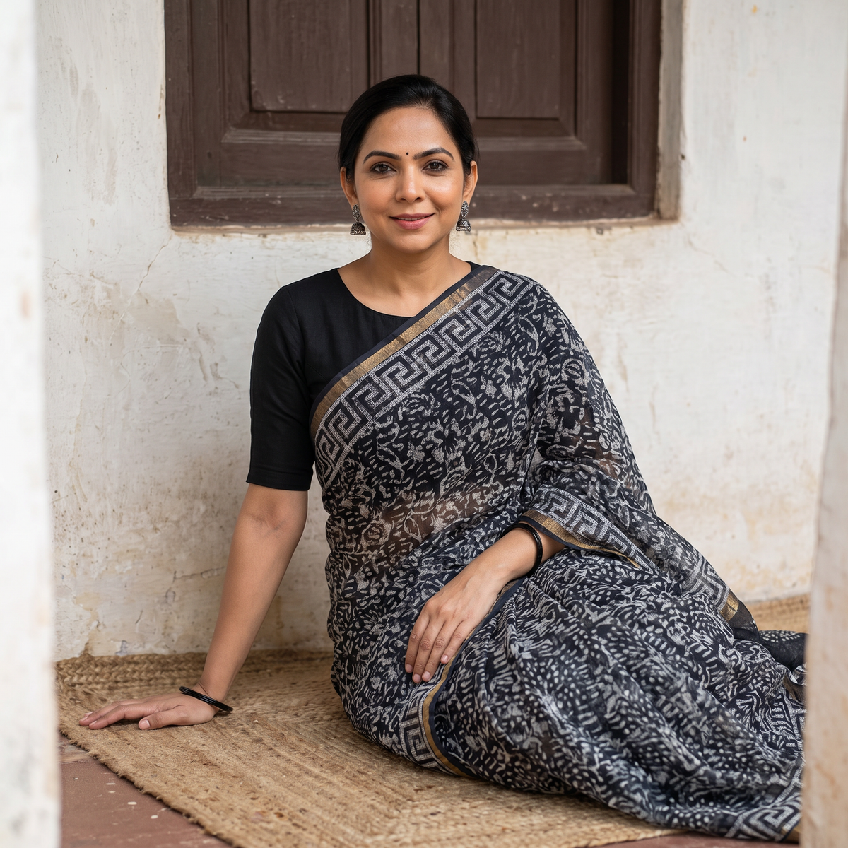 Black Kota Doria Cotton Hand Batik Print Saree, draped and worn by a woman, AI visual of the saree, iTokri