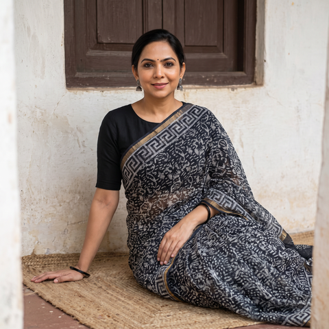 Black Kota Doria Cotton Hand Batik Print Saree, draped and worn by a woman, AI visual of the saree, iTokri