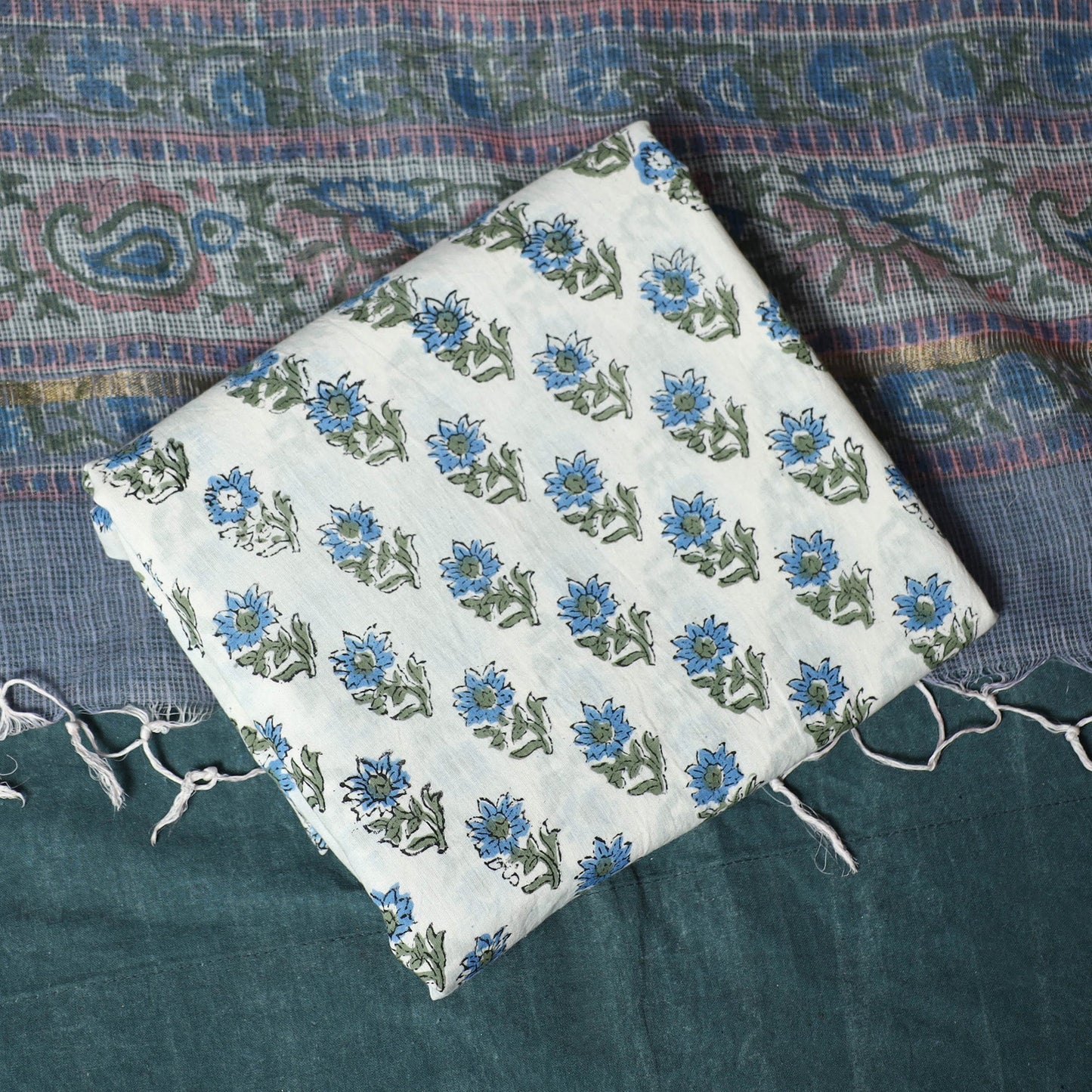 Kota doria cotton hand block sanganeri print 3pc unstitched