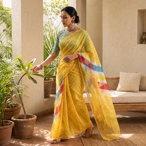Yellow Nazaakat Kota Doria Cotton Plain Saree with Blouse Piece & Earrings, draped and worn by a woman, AI visual of the saree, iTokri