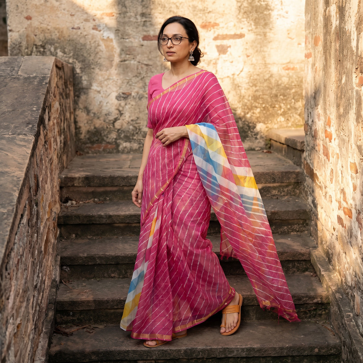 Pink Nazaakat Kota Doria Cotton Plain Saree with Blouse Piece & Earrings, draped and worn by a woman, AI visual of the saree, iTokri