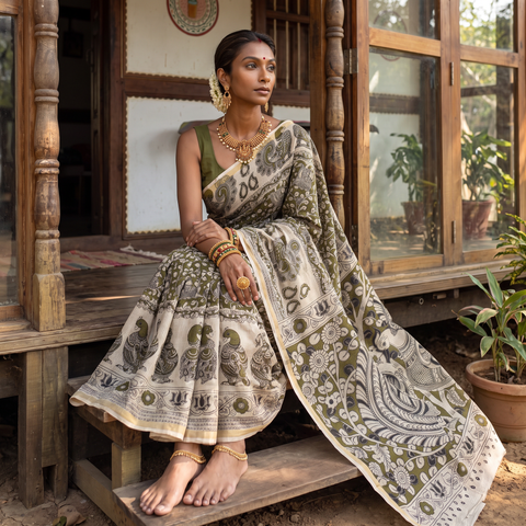 Green Kota Doria Cotton Printed Kalamkari Saree, draped and worn by a woman, AI visual of the saree, iTokri