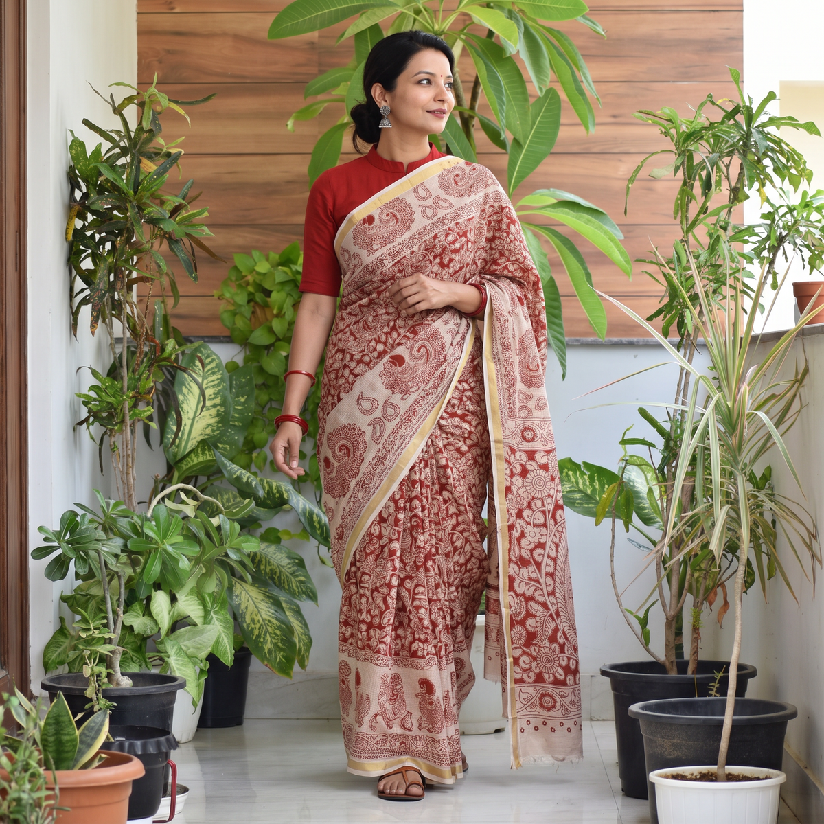 Red Kota Doria Cotton Printed Kalamkari Saree, draped and worn by a woman, AI visual of the saree, iTokri