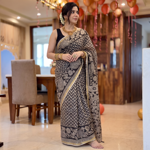 Black Kota Doria Cotton Printed Kalamkari Saree, draped and worn by a woman, AI visual of the saree, iTokri