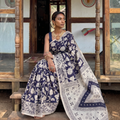 Purple Kota Doria Cotton Saree in Kalamkari Print, draped and worn by a woman, AI visual of the saree, iTokri