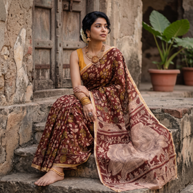 Maroon Kota Doria Cotton Saree in Kalamkari Print, draped and worn by a woman, AI visual of the saree, iTokri