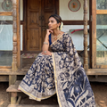 Black Kota Doria Cotton Saree in Kalamkari Print, draped and worn by a woman, AI visual of the saree, iTokri