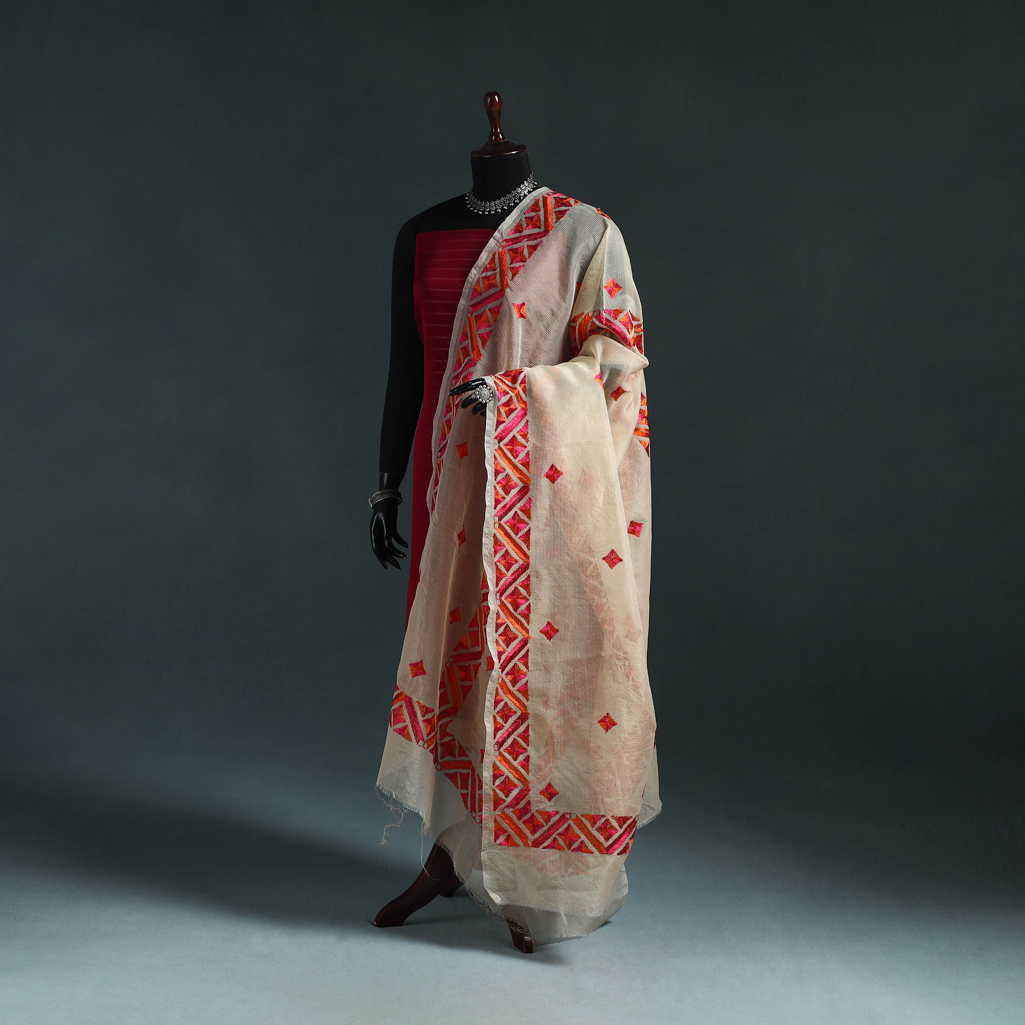 Kota Doria Silk Hand Embroidered Chapa Work Phulkari Dupatta