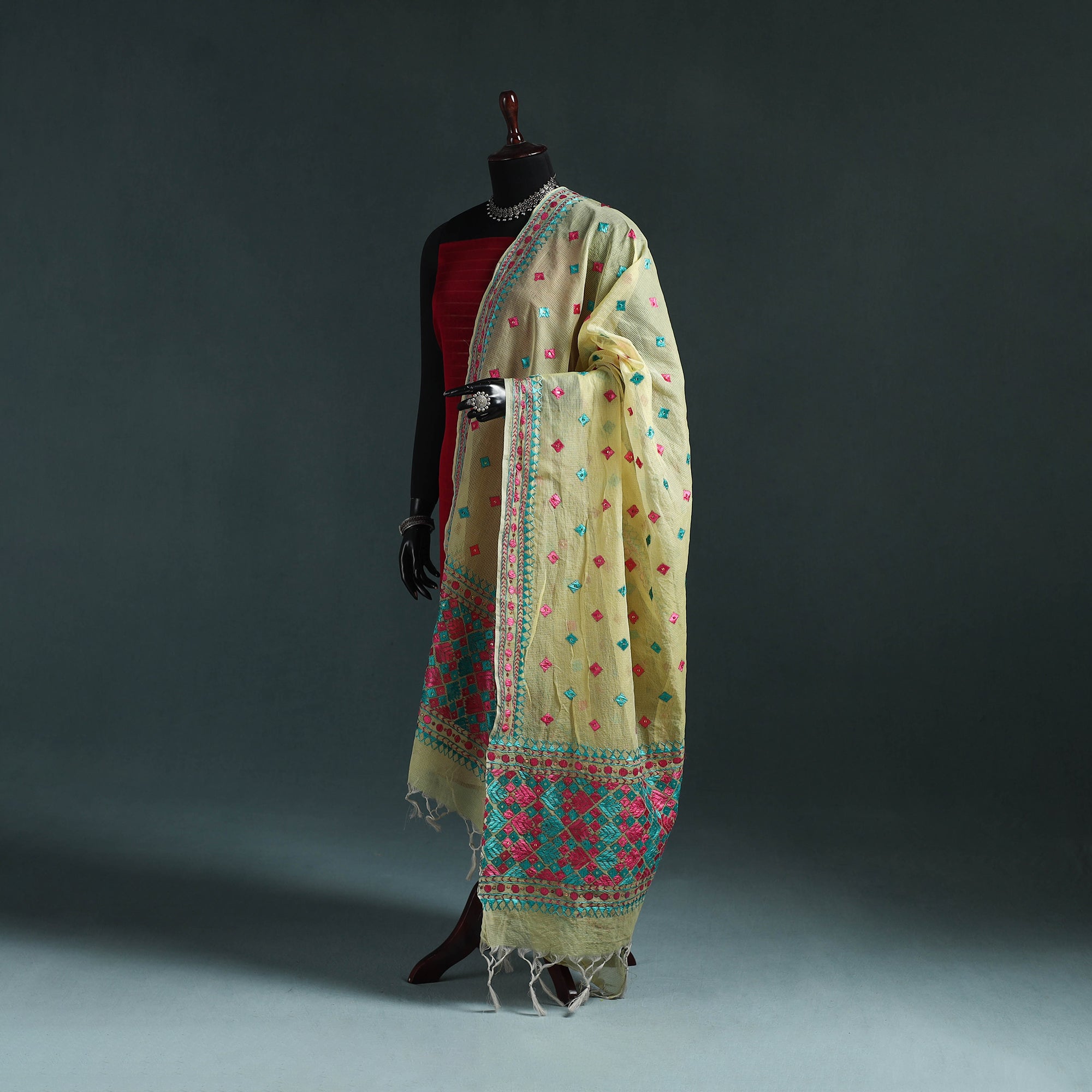 Hand Chapa Yellow Kota Doria Silk Hand Embroidered Chapa Work Phulkari Dupatta ...