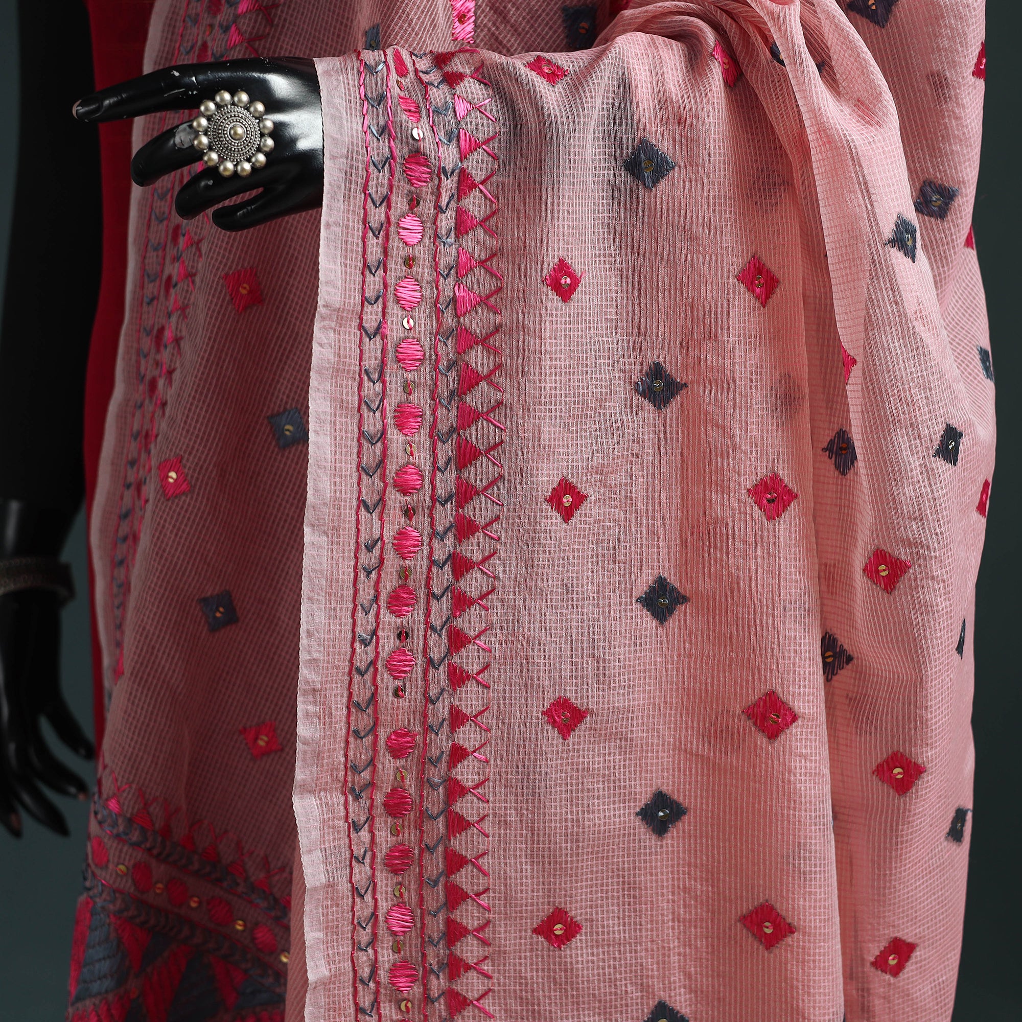 Hand Chapa Pink Kota Doria Silk Hand Embroidered Chapa Work Phulkari Dupatta with ...