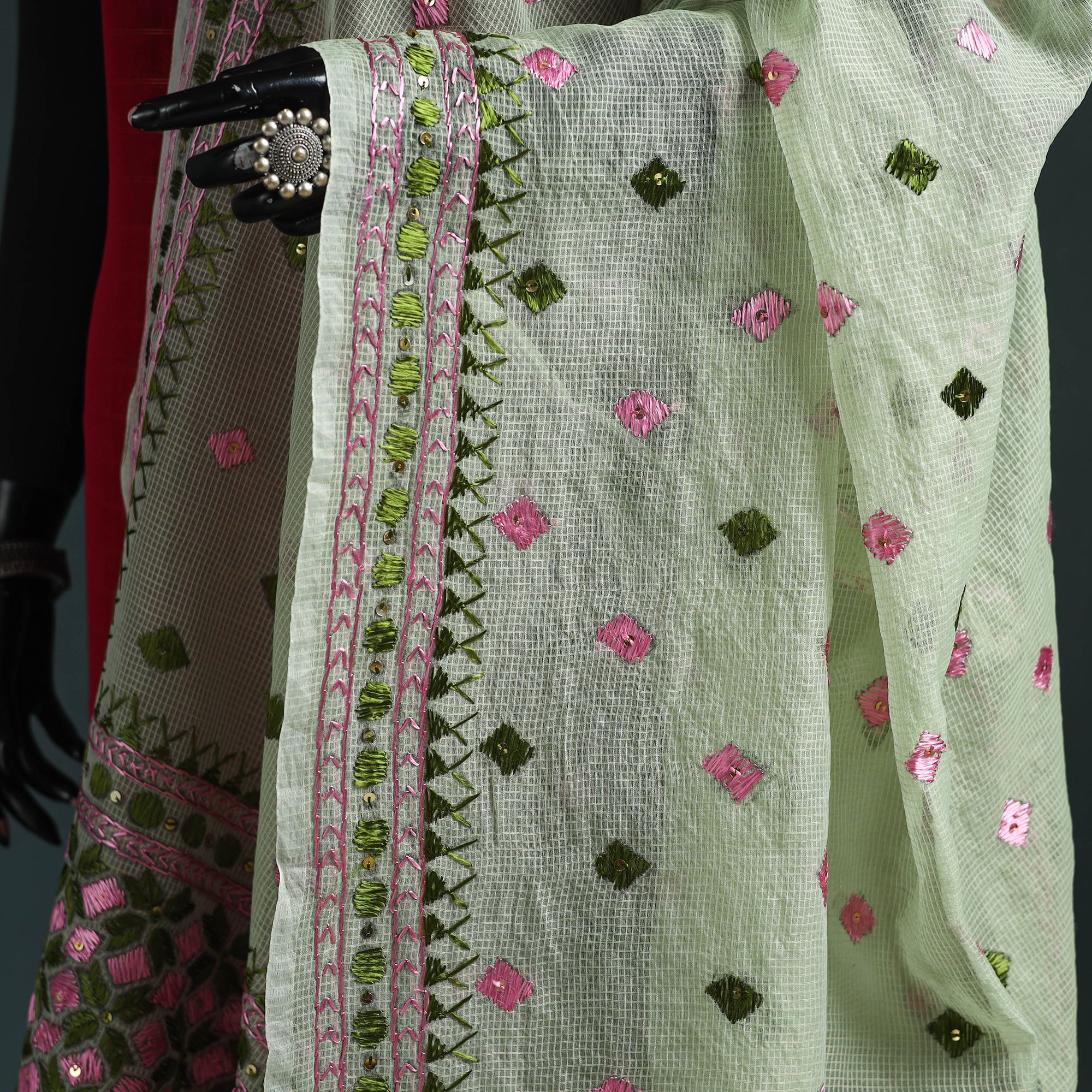 Hand Chapa Green Kota Doria Silk Hand Embroidered Chapa Work Phulkari Dupatta with ...