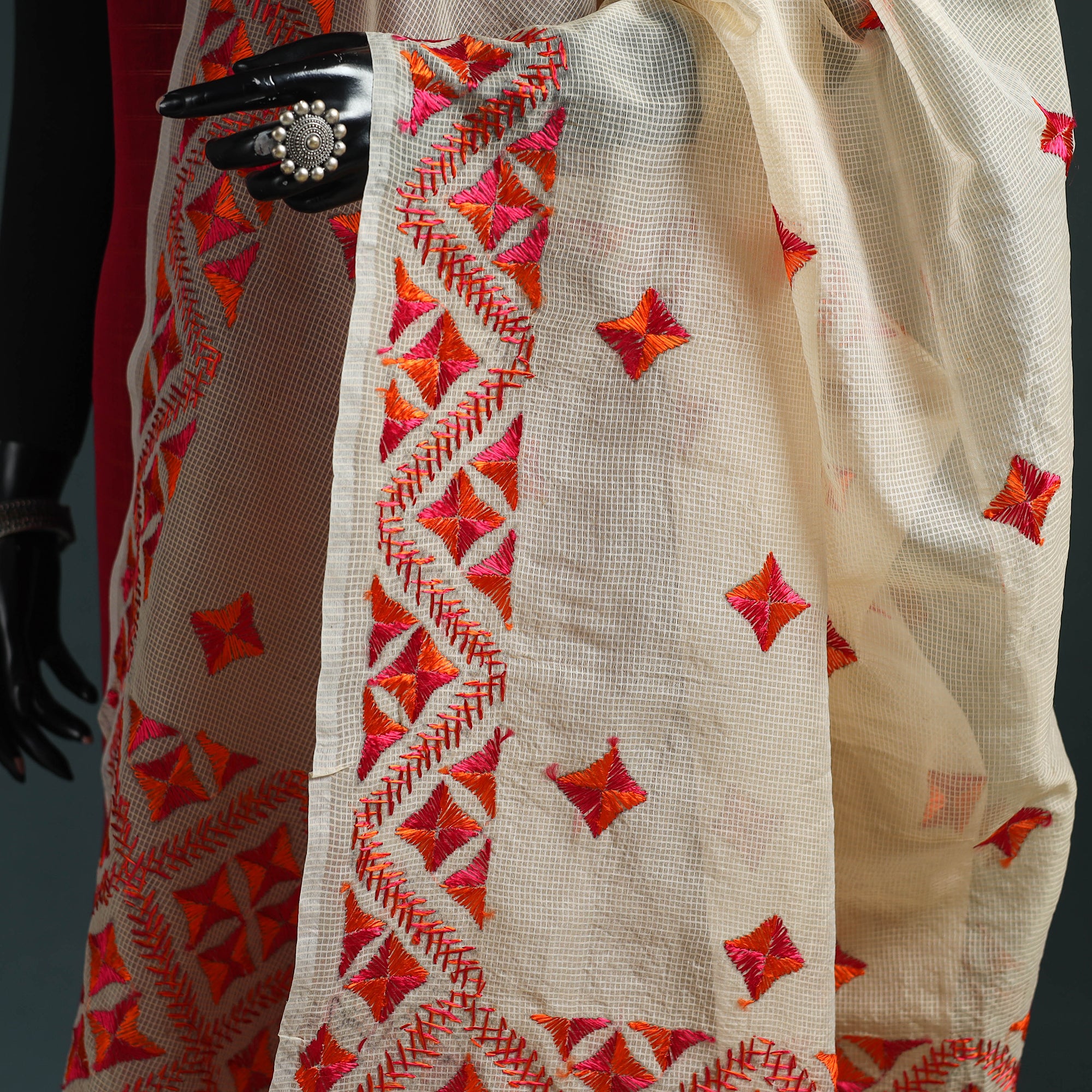 Hand Chapa Kota Doria Silk Hand Embroidered Chapa Work Phulkari Dupatta with Tassels