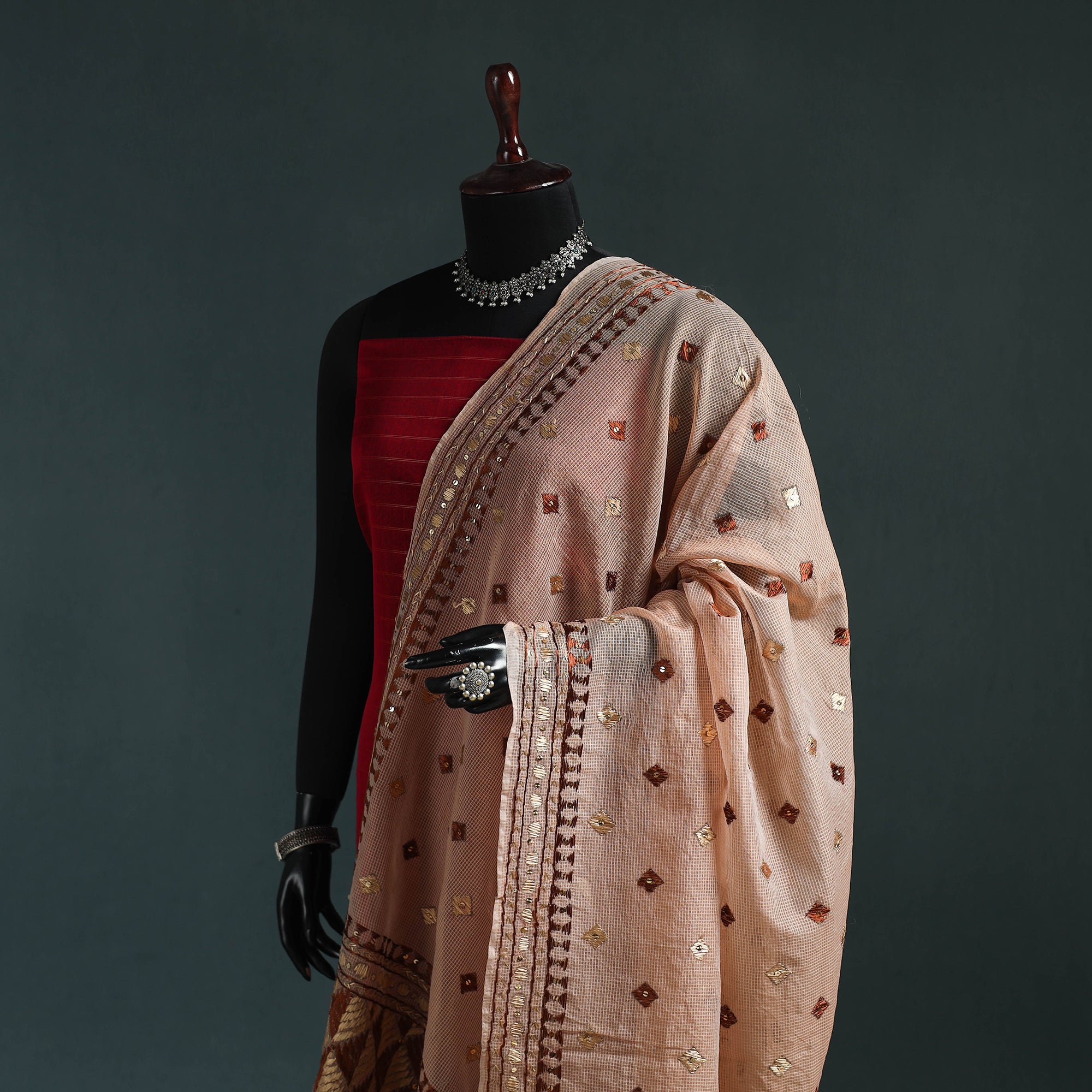 Hand Chapa Peach Kota Doria Silk Hand Embroidered Chapa Work Phulkari Dupatta with ...