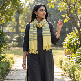 Yellow Kumaun Handwoven Merino Wool Stole, worn by a woman, AI visual of the stole, iTokri