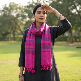 Pink Kumaun Handwoven Merino Wool Stole, worn by a woman, AI visual of the stole, iTokri