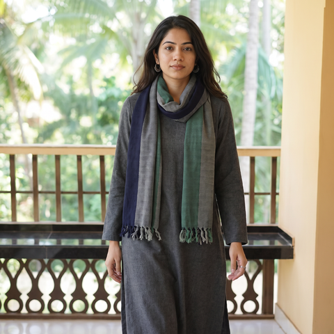 Green Kumaun Handwoven Merino Wool Stole, worn by a woman, AI visual of the stole, iTokri