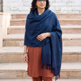 Blue Kumaun Handwoven Pure Merino Wool Shawl, worn by a model, AI visual of the shawl, iTokri