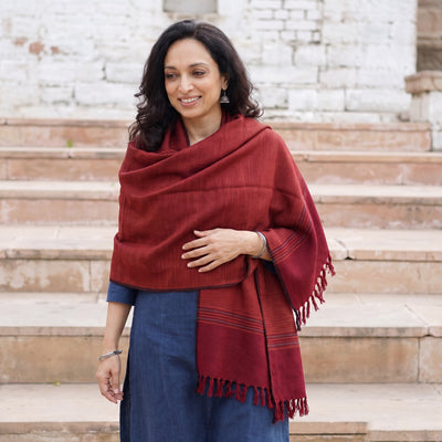Maroon Kumaun Handwoven Pure Merino Wool Shawl, worn by a model, AI visual of the shawl, iTokri