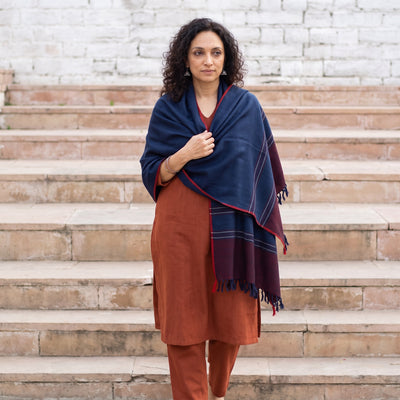 Blue Kumaun Handwoven Pure Merino Wool Shawl, worn by a model, AI visual of the shawl, iTokri
