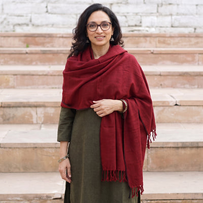Red Kumaun Handwoven Pure Merino Wool Shawl, worn by a model, AI visual of the shawl, iTokri