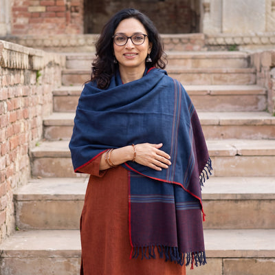 Blue Kumaun Handwoven Pure Merino Wool Shawl, worn by a model, AI visual of the shawl, iTokri