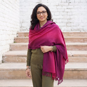 Pink Kumaun Handwoven Pure Merino Wool Shawl, worn by a model, AI visual of the shawl, iTokri