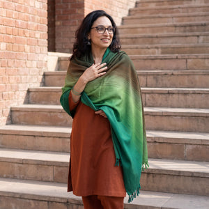 Green Kumaun Handwoven Pure Merino Wool Shawl, worn by a model, AI visual of the shawl, iTokri