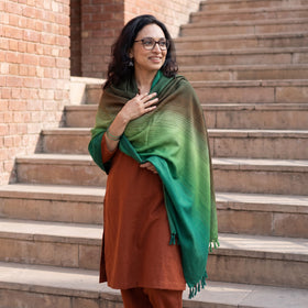 Green Kumaun Handwoven Pure Merino Wool Shawl, worn by a model, AI visual of the shawl, iTokri