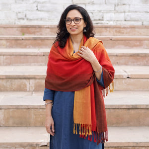 Red Kumaun Handwoven Pure Merino Wool Shawl, worn by a model, AI visual of the shawl, iTokri