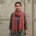 Red Kumaun Handwoven Pure Merino Wool Stole, worn by a woman, AI visual of the stole, iTokri
