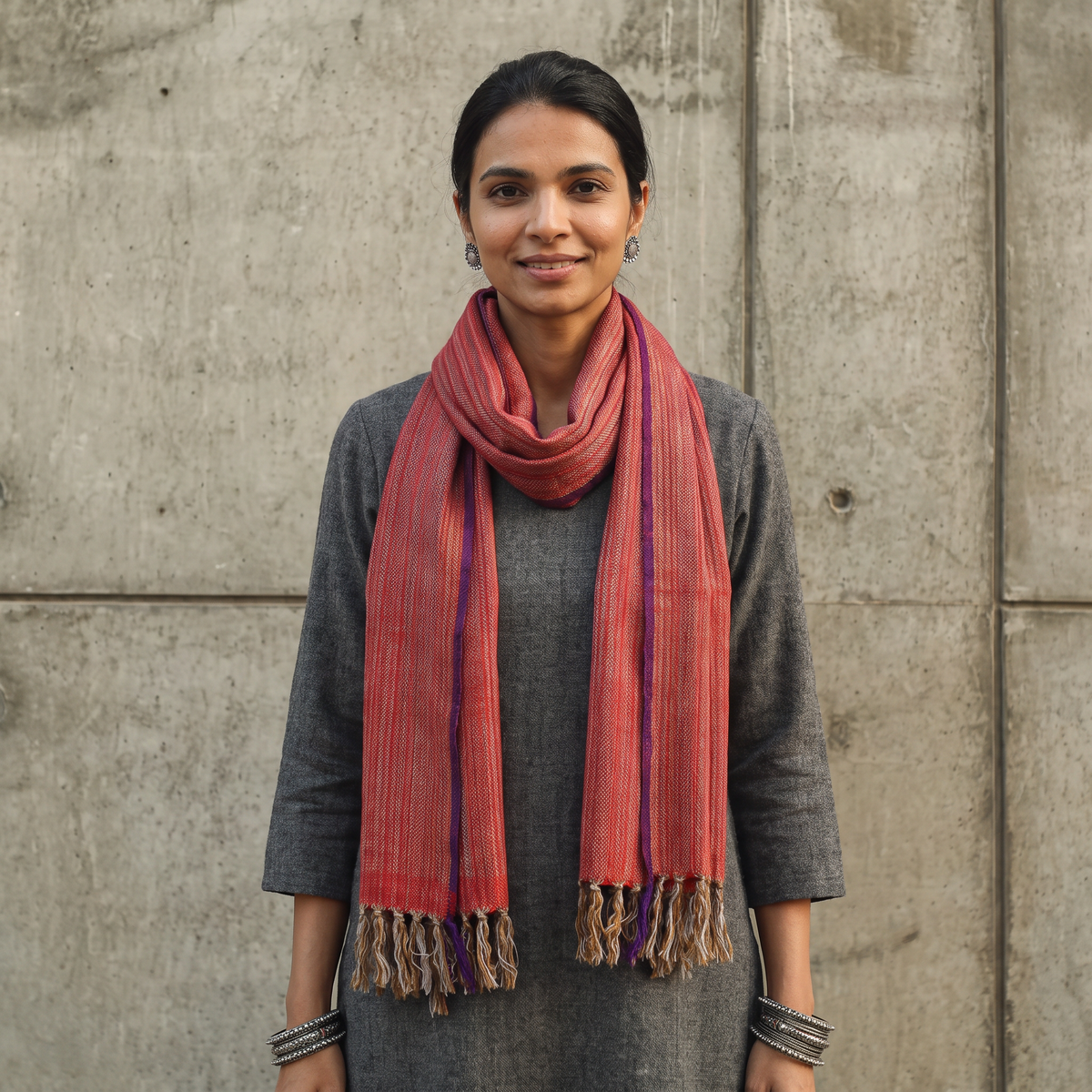 Red Kumaun Handwoven Pure Merino Wool Stole, worn by a woman, AI visual of the stole, iTokri